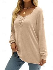 ieftine tricou simplu-Pentru femei Bluză Culoare solidă Stilat Casual Manșon Lung În V Topuri obișnuite Zilnic Negru Albastru piscină Portocaliu Bej Vară Primăvară