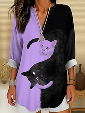 billige Dyr Topp-Kvinnes Bluse Tunika V-hals Lange Ermer Boho Casual Sommer Topper Grafisk Dyr Katt Vintage Tropisk Vanlige Topper Daglig Bruk Print Svart Og Hvit Gul Rosa Rød Blå