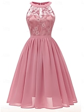 halpa Sifonkimeet-Naisten Midimekko Pitsimekko Coctail-asu Häävieraspuku Sifonki Tyylikäs Muoti Moderni ulko- Cocktailjuhla Normaali Tavallinen Hihaton Riipuskaula Punastuvan vaaleanpunainen Viini Laivaston sininen