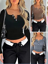 preiswerte Damen Einfache Oberteile-Damen T Shirt Einfach Mode Modern Langarm Quadrathals Crop Tops Täglich Tunika Knöpfe Schwarz Weiß Rosa Sommer