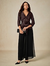 abordables Hauts habillés-Femmes Chemisier Hauts de soirée Élégant Métallique Moderne Manche 3/4 Col en V Hauts Réguliers robe demoiselle d honneur Soirée Semi-Formel Nœud devant Marron Printemps, Automne, Hiver, Été