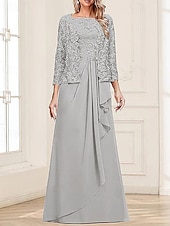 voordelige Met Jas-Tweedelig A-lijn Moeder van de bruid jurk Elegant Eenvoudig minimalistische Vierkante hals Tot de grond Chiffon Geribd kant Mouwloos 3/4 mouw met Plooien Ruches Gelaagde ruches 2025