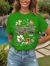 abordables T-shirt Animaux-Femmes T-shirt Fleuri Graphique Libellule ancien Élégant Classique Manche Courte Col ras du cou Col rond Hauts Réguliers Quotidien Week-end Imprimé Noir Blanche Jaune Rose Claire Rouge Été Printemps