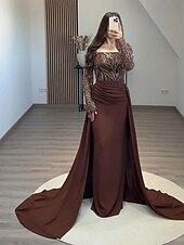 preiswerte Abendkleider-Abendkleid mit schwarzer Krawatte, Perlenbesatz, Spitze, abnehmbarer Überrock, elegantes Kleid, formelle Hochzeit, Schleppe, lange Ärmel, quadratischer Ausschnitt, mit Pailletten und gerüschten Perlen