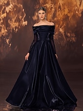 ieftine negru-Rochie neagră de seară, linie A, elegantă, rochie formală de mireasă, lungime la podea, fără mâneci, umerii goi, satin elastic cu pliuri, dantelă și mărgele, 2025