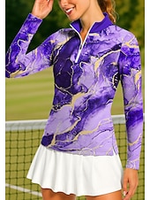preiswerte Damenbluse-Damen Marmor Golf-Poloshirt Tennis Shirt Tennis-T-Shirt Langarm Druck Viertel Postleitzahl Pullover UV Schutz Elastisch Atmungsaktiv Volleyball Tennis Golfspiel Stehkragen Reißverschlusskragen Hemd