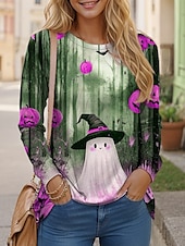abordables T-shirt Art &amp; Design-Halloween Femmes T-shirt Graphique Fantôme ancien Élégant Classique manche longue Col ras du cou Hauts Réguliers Quotidien Week-end Imprimé Bleu Violet Vert Printemps Automne