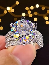 cheap Women&#039;s Rings-Women&#039;s Luxury Silver-Plated Ring with Large Round Cut Zircon and Pave Crystal Detailing - Elegant Statement Jewelry for Parties and Formal Occasions