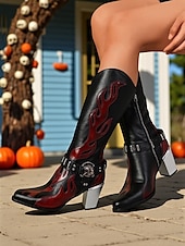 levne Pro ženy-Dámské kovbojské boty v západním stylu s vyšívanými plameny - robustní podpatek, černohnědé gotické boty do půli lýtek na Halloween, hudební festivaly a rodeo.
