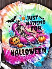 billige Kunst &amp; Design t-skjorte-Halloween Dame T skjorte Grafisk Hodeskaller Årgang Stilfull Fritid Kortermet Crew-hals Vanlige topper Daglig Helg Trykt mønster Gul Oransje Rose Rosa Sommer Høst