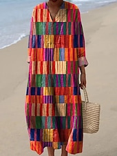 abordables Robes Rayés et Géométriques-Femmes Robe Midi Robe d&#039;Été Robe fourreau Vacances Occasionnel Chaussures de plage Sortir Plage Coupe Ample Graphique Géométrique manche longue Col en V Jaune Vert Claire Rouge Vert Été Printemps