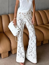 economico Pantaloni a zampa da donna-Per donna Gamba larga Pantaloni a zampa Pantaloni Eleganti Streetwear Casual Lunghezza intera Naturale Semplice Pizzo Elastico in vita Morbido Ferie Abbigliamento quotidiano Weekend Bianco Autunno