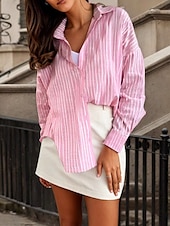 voordelige Dames Strepen &amp; Geometrische Tops-Dameshemd Button Down Blouse Grafisch Geometrisch Gestreept Vintage Tropisch Dagelijks Lange Mouw Shirt Button Down Blouse Kraag Reguliere Tops Werk Dagelijks Vakantie Knopen Print Roze Luchten Blauw