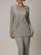 billige Mammas buksedresser-Strandbryllup to-delt jumpsuit  buksedress mor til bruden bryllups gjest elegant pluss størrelse juvelhals gulvlengde chiffon lang erme med sløyfe(r) volanger
