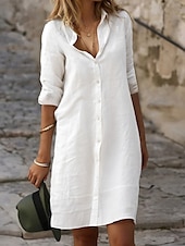 abordables vestidos de algodón y lino de diseño-Mujer Negro Blanco Azul Piscina Verano Primavera Mini vestido Vestidos de lino y algodón Vestido de Camisa Vestido de algodón blanco Vacaciones Básico Moderno Diario Fin de semana Holgado Plano