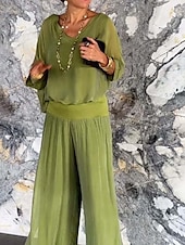 abordables Trajes de blusa para mujer-Mujer Activo Moda Blusa Conjuntos de pantalones Media Manga Escote en Pico Color sólido muslo partido Espalda al Aire Festivos Noche Negro Blanco Verde Claro Otoño Ajuste regular