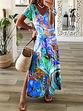 ieftine Rochie Artă și Design-Pentru femei Rochie Maxi Rochie casual Rochie de Vară Rochie A line Elegant Vacanță Casual Plajă Fit regulat Floral Grafic Abstract Manșon scurt În V Colourful Albastru piscină Mov Vară Primăvară