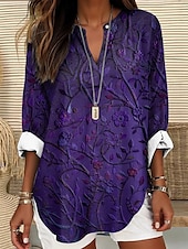 preiswerte Blumenoberteile-Damenbluse Langarm Tunika Oberteile Blumen Grafik Elegant Stilvoll V-Ausschnitt Regelmäßige Oberteile Täglicher Urlaub Print Rot Blau Lila Grün Grau Sommer Frühling Herbst