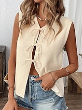 cheap Sweater Vest-Women&#039;s Sweater Vest Fashion Solid Color Ribbed V Neck Knitted Sleeveless Regular Tops Knit Holiday Going out Weekend Apricot Fall