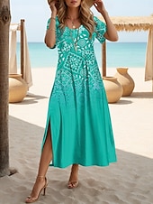 billige Boho-kjoler-Dame Maxikjole T skjortekjole Solkjole Skiftkjole Ferie Fritid Strandstil Fest Strand Normal Nyanse Grafisk Geometrisk Kortermet Crewneck Gul Rød Blå Lilla Sommer Vår