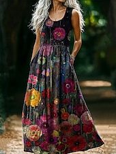 economico Abiti Boho-Abito vintage da donna in stile boho con stampa floreale, casual, per uscire in spiaggia, vestibilità regolare, senza maniche, scollo a U, rosa vinaccia, marrone chiaro, blu, estate e primavera.