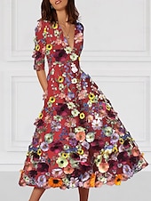 economico Abiti da cocktail-Abito da Cocktail A-Line Floral Elegante Abito Formale Matrimonio Lungo fino alla Caviglia Mezza Manica V Neck Abito Rosa Stretch Crepe con Ricamo e Tasca