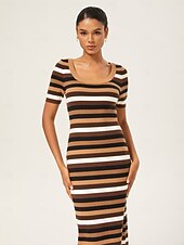 olcso Virágos ruhák-Nő Kötött ruha Barna Rövid ujjú Csíkos Nyár Ősz Elegáns Bodycon S M L