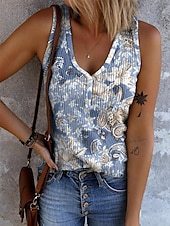 abordables Débardeur Boho-Femmes Débardeur caraco Fleuri Graphique Géométrique Bohème ancien Élégant Sans manches Col en V Hauts Réguliers Quotidien Imprimé Noir Rose Claire Bleu Marron Beige Été Printemps