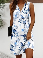 abordables Robes fleuries-Femmes Mini Robe Robe d&#039;Été Robe fourreau Vacances Occasionnel Quotidien Coupe régulière Fleuri Graphique Sans manches Col en V Jaune Rouge Bleu Vert Été Printemps