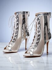 baratos Sapatos de Dança Latina-Botas de dança de salto alto com cadarço branco e prata para mulheres - sapatos profissionais de dança de jazz latino com biqueira aberta para palco e festa
