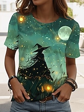 ieftine Topuri de Halloween-Halloween Pentru femei Tricou Grafic Halloween Epocă Stilat Clasic Manșon scurt Stil Nautic Rotund Topuri obișnuite Zilnic Sfârșit de săptămână Imprimeu Negru Roz Îmbujorat Albastru piscină Albastru