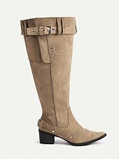 abordables Cowboy et bottes occidentales-Bottes de cowboy en daim souples pour femmes - Bottes mi-mollet à boucle western avec talon bas, chaussures d&#039;équitation décontractées pour l&#039;extérieur et les festivals de musique