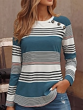 ieftine Tricou cu dungi și geometric-Pentru femei Tunică Tricou Grafic Geometric Dungi Epocă Stilat Clasic Manșon Lung Stil Nautic Rotund Topuri obișnuite Zilnic Ieșire Sfârșit de săptămână Nasturi Imprimeu Roșu-aprins Albastru piscin