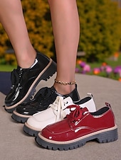 cheap Women&#039;s Oxfords-Women&#039;s Red Patent Leather Oxford Shoes – Chunky Sole Lace-Up Flats for Daily Wear, School &amp; Urban Street Style