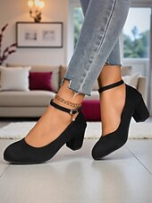 baratos Block Heels-Sapatos Mary Jane femininos de salto bloco vermelho - sapatos sociais de camurça sintética com bico redondo e tira no tornozelo, estilo vintage para escritório, festas e uso diário