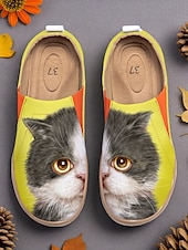 tanie Mokasyny i trzewiki damskie-Kolorowe, wsuwane buty damskie Cat by Kayomi Harai z nadrukiem kota – urocze, codzienne mokasyny dla miłośniczek kotów, idealne na co dzień, w podróż i na weekendowe wyjścia