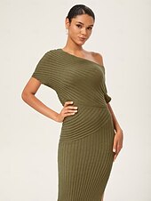 economico Abiti floreali-abito lungo aderente monospalla in maglia verde oliva
