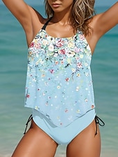 billiga Tankinis-Dam Badkläder Tankini 2 st Kaxig Baddräkt Öppen rygg Semester Standkläder Nyans Blommig U-hals Ärmlös Baddräkter