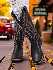 cheap Cowboy &amp; Western Boots-Women's Western Cowboy Boots with Embroidered Stitching – Faux Leather Mid-Calf Boots for Fall Festivals, Farm Work &amp; Country Outfits