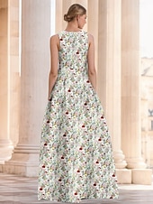 abordables FLORALES-Robe de soirée A-Line en jacquard floral verte élégante Robe de mariage formelle longueur au sol sans manches en V en nylon avec poche fente Robe invitée de mariage