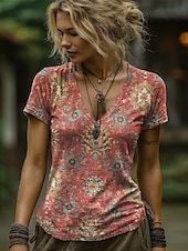 abordables T-shirt Boho-Femmes T-shirt Fleuri Graphique Paisley Bohème ancien Élégant Manche Courte Col en V Hauts Réguliers Quotidien Sortir Week-end Imprimé Noir Rouge Bleu Orange Gris Été Printemps
