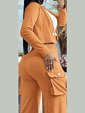 billiga Blusdräkter för kvinnor-Dam Mode Streetwear Byxuppsättningar Långärmad V-hals Ensfärgat Snörning Semester Ledigt / vardag Gul Himmelsblå Kaki Sommar Normal