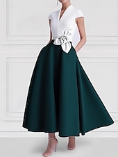 Недорогие Коктейльные платья-А-силуэт До щиколотки коктейльные платья Платья для вечеринок Элегантный стиль Цветовые блоки Шелковистость С короткими рукавами V-образный вырез Официальные Свадьба Карман Сатин с Карман