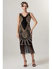 abordables Robes-Rétro Vintage Années Folles Années 1920 Midi Robe Charleston Robe de cocktail Gatsby le Magnifique Fille Flapper Paillettes Frange Col en V Femmes Noël Halloween Carnaval Mariage Soirée Mascarade