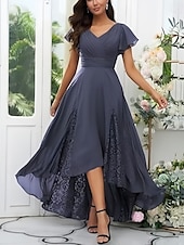 abordables Robes pour invitées de mariage-Ligne A Robes pour invités de mariage Élégant Robe robe demoiselle d honneur Fiançailles Asymétrique Manche Courte Col en V Chiffon avec Croisé Froncé 2025