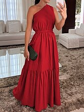 tanie Sukienki na przyjęcia-Damskie Długa sukienka sukienka maxi Sukienka koktajlowa Sukienka dla gościa weselnego Szyfon Sukienka rozkloszowana Moda Nowoczesny Na zewnątrz Urlop Regularny Równina Bez rękawów Na jedno ramię