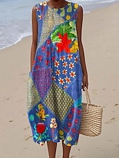 baratos Vestidos Listrados e Geométricos-Mulheres Vestido midi Vestidos Para o Verão Vestido de turno Vestido A Line Férias Casual Boho Para Noite Praia Ajuste Largo Gráfico Geométrica Sem Manga Crewneck Rosa Rosa Escuro Azul Roxo Verão