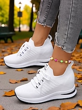 baratos Ténis de mulher-Tênis feminino flyknit com salto oculto, estilo esportivo com listras ousadas, perfeito para uso diário, caminhadas e passeios casuais