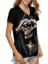 abordables Hauts d&amp;#39;Halloween-Halloween Femmes T-shirt Graphique Crâne ancien Élégant Classique Manche Courte Col en V Hauts Réguliers Quotidien Imprimé Noir Arc-en-ciel Été Printemps
