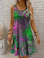 preiswerte Boho Kleider-Damen Minikleid Sommerkleid A Linie Kleid Urlaub Lässig Boho Party Ferien Date Normale Passform Grafik Geometrisch Boho Paisley Damast Ärmellos U-Ausschnitt Rundausschnitt Rote Blau Purpur Grün